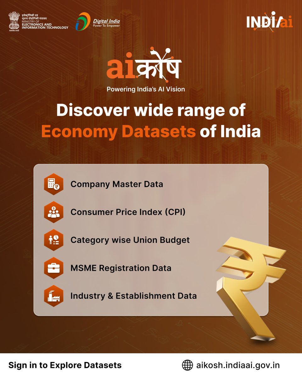 OfficialINDIAai's tweet image. AIKosh brings together vital economic datasets to support data-driven decision-making, inclusive growth, and policy innovation.
🔗 Explore these datasets and more on AIKosh: aikosh.indiaai.gov.in
#EconomicData #OpenDataIndia #AIKosh #IndiaAI #MSME #AIForGood #DataForGrowth…
