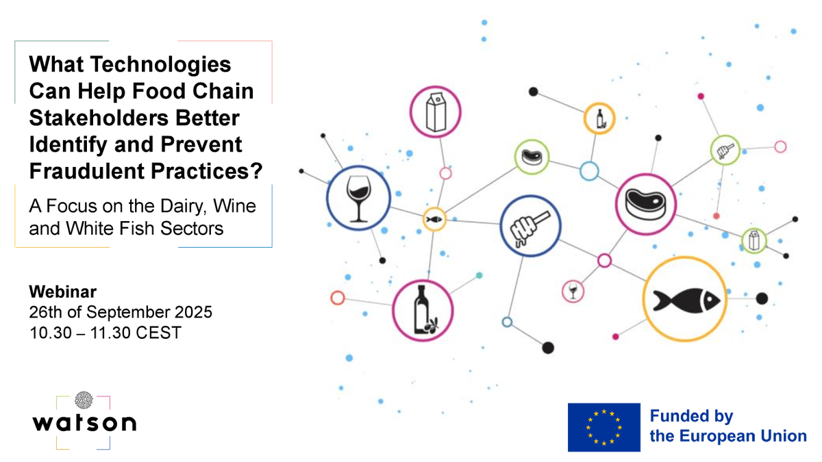 How can tech fight food fraud?

Join our #WatsonProject webinar to explore innovations in dairy🧀, wine🍷 &amp; fish🐟 traceability.

🗓 26 September
🕥 10:30-11:30 CEST
📝 Register now: ec.europa.eu/eusurvey/runne…

#HorizonEU #ResearchImpactEU #EUInnovation
