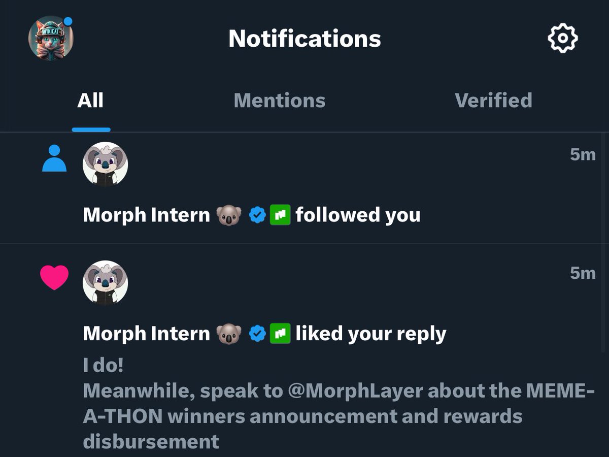 kingofweb3_'s tweet photo. Just got a follow back from @morph_intern 
And also account liked my comment about @morphnetwork MEME-A-THON winners announcement 

I am glad that intern gets the memo with an open mind and zero sentiment 

I look forward to positive feedback https://t.co/CxAaaiGxeZ