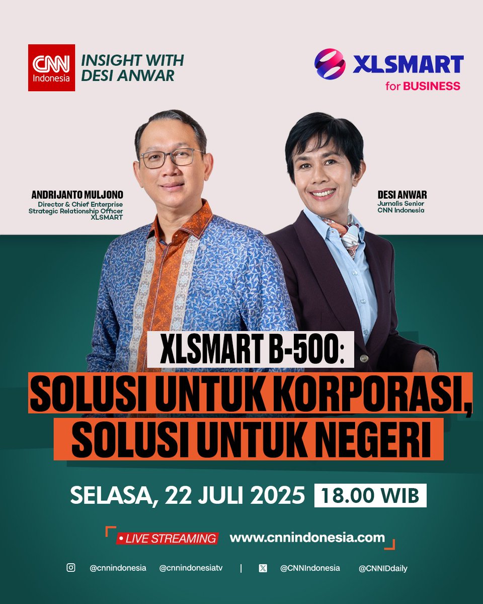 Stay tuned! Insight with <a href="/desianwar/">Desi Anwar</a> bersama Andrijanto Muljono (Director &amp; Chief Enterprise Strategic Relationship Officer XLSMART) dalam episode “XLSMART B-500: Solusi Untuk Korporasi, Solusi Untuk Negeri”, Selasa (22/7) pukul 18.00 WIB di #CNNIndonesia #InsightWithDesiAnwar