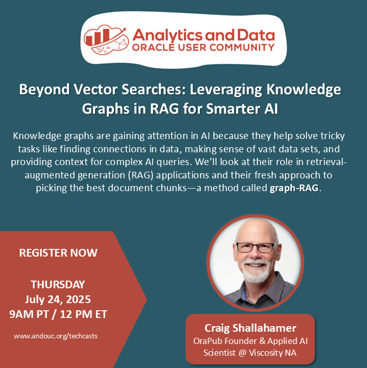 oracleace's tweet image. This Thursday, join Oracle ACE Director Craig Shallahamer, as he masterfully explains how he employs Oracle 23ai knowledge graphs in concert with Retrieval-Augmented Generation (RAG) to build applications that locate the best document "chunks" within complex AI queries.
Register…
