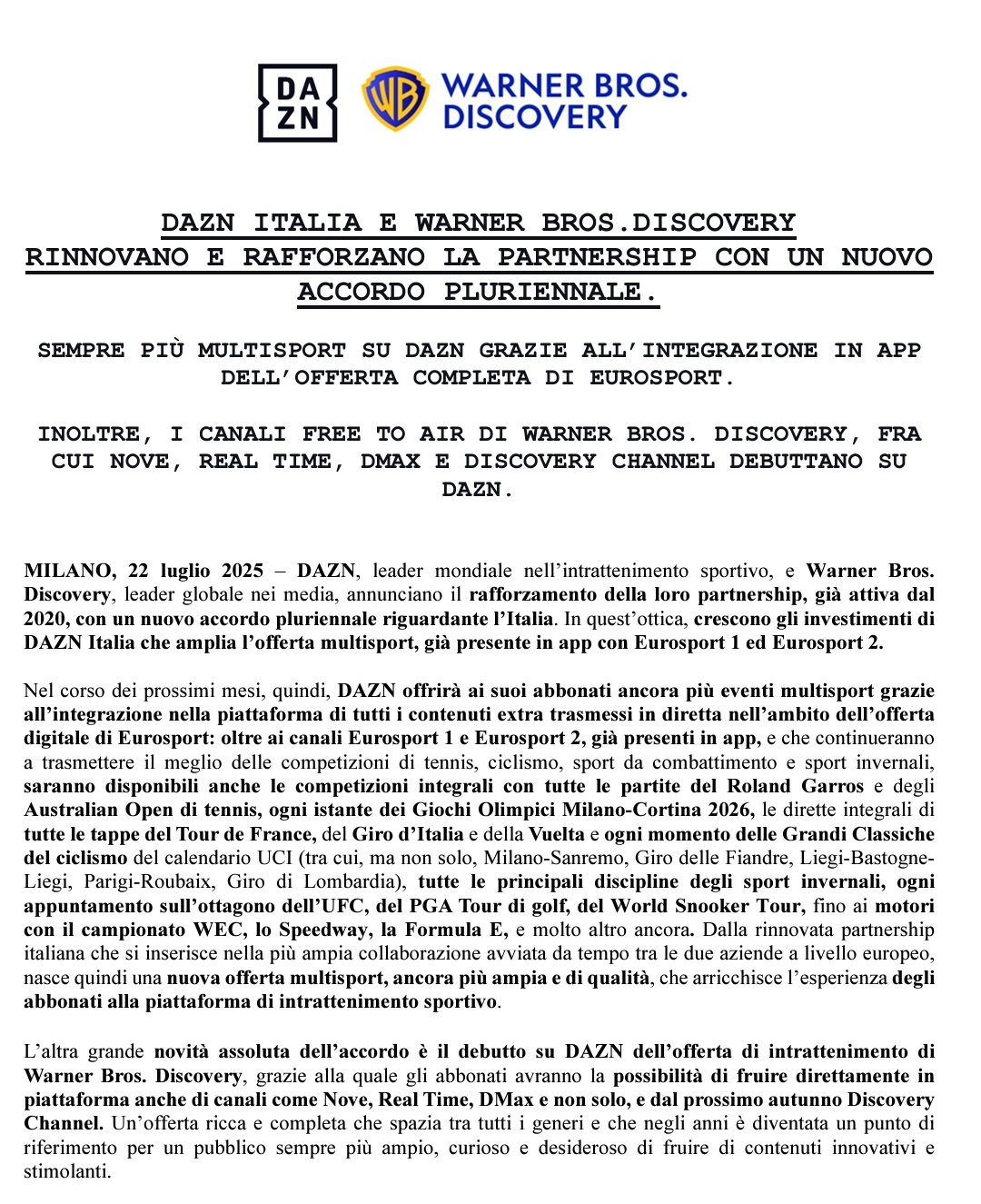 Giuseppe Candela on X: "Accordo Dazn-Discovery e arrivano sulla piattaforma  anche i canali in chiaro del gruppo. https://t.co/If1LDrs2Ls" / X