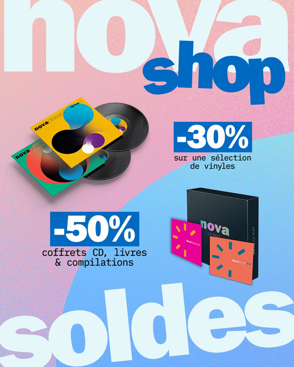 laRadioNova's tweet image. ATTENTION ! Dernier jour pour profiter des soldes d’été du Nova Shop 😎✨
Jusqu’à -50% sur une belle sélection de vinyles, compilations, coffrets & livres Nova !
Tout se passe par ici 🔗 shop.nova.fr/fr/