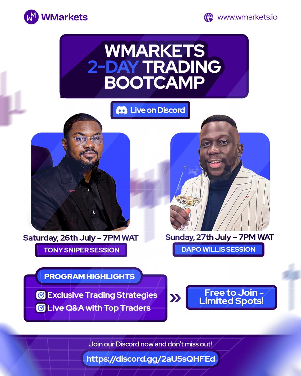 wmarketshq's tweet image. 2 Days. 2 Top Traders. 1 Bootcamp.💥
Tony Sniper & Dapo Willis go live on Discord!
📅 July 26th and 27th | 🕖 7PM WAT
📍Free to join-Limited spots!
discord.gg/2aU5sQHFEd