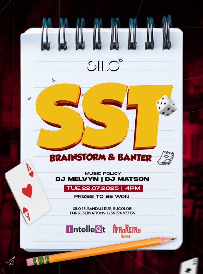Silo15_'s tweet image. ⚠️Attention Quiz & Cocktail Lovers⚠️
Fall in tonite for the Silo SST🎲🚀
for a thrilling brainstorming experience over cocktails🍸🍹 and games🎲
🕐Starting at 4PM with a cocktail tasting session
📍Silo 15, Bandali rise, Bugolobi.