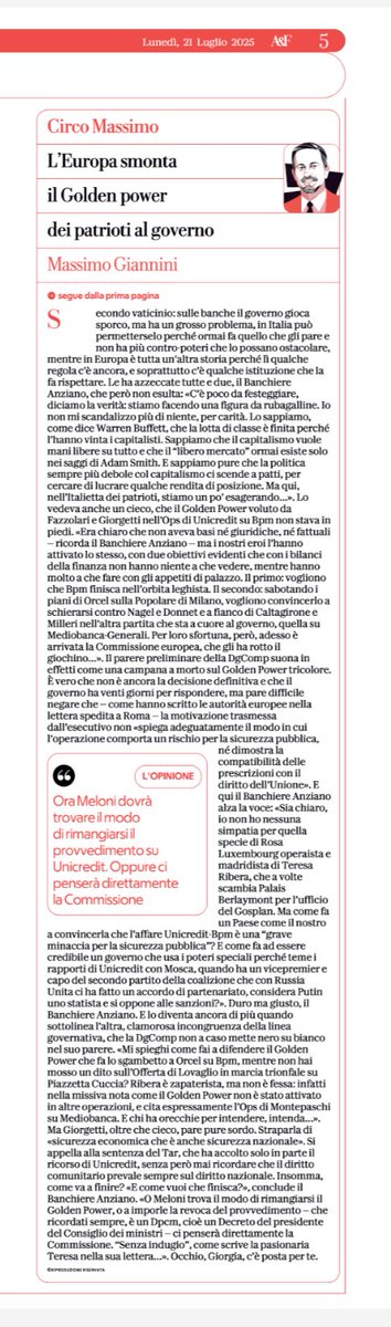 MassimGiannini's tweet image. “Il Golden Power su UniCredit-Bpm, un ‘dazio interno’ imposto dai patrioti”: la mia rubrica su @RepubblicaAF.