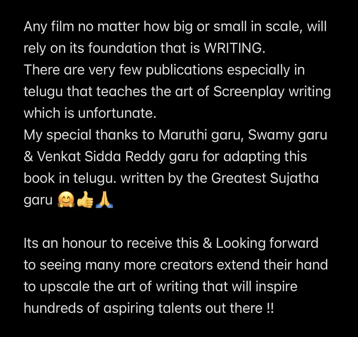 ThisisNitin1111's tweet photo. My special thanks to @DirectorMaruthi garu, @darlingswamy garu & @vrsiddareddy garu for taking the initiative to adapt this book in telugu, written by the Greatest Sujatha garu, that will guide & inspire hundreds of talents out there !!
Thank you 🤗🙏
#ScreenplayWriting https://t.co/SZLDiwRLEd