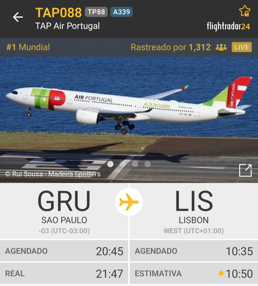bymmslb's tweet image. ✈️ O voo onde vem Richard Ríos está neste momento em Top 1 mundial e está a ser acompanhado por mais de 1300 pessoas. 🤯