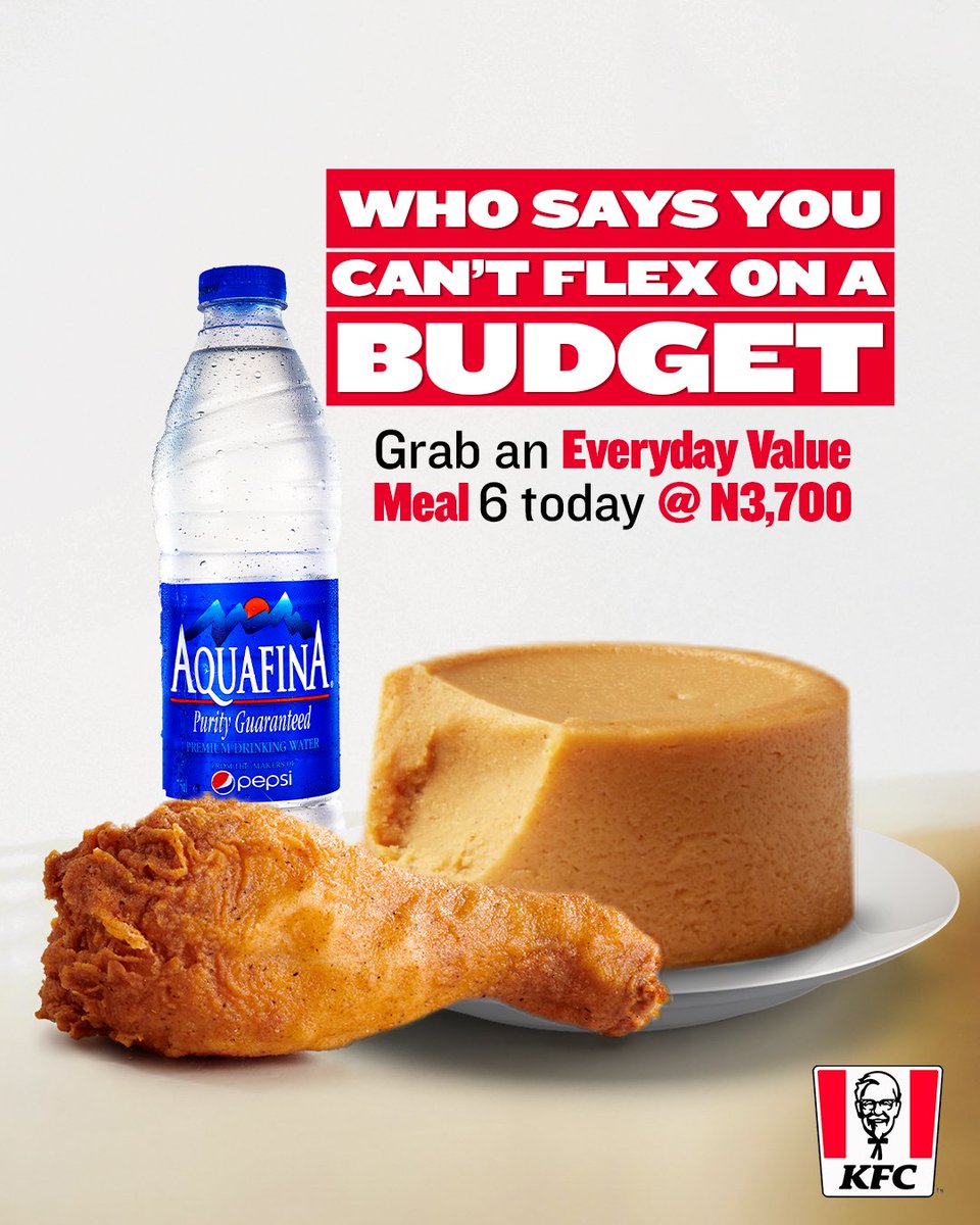 kfcnigeria's tweet image. Craving something delicious that won’t empty your wallet?
The KFC Everyday Value Meal 6 is your go-to combo , 1 Chicken Piece, 1 Moi-Moi, and 1 Water — all for a price that’s easy on your pocket.
Whether you’re on the move or just treating yourself, this meal delivers big on…