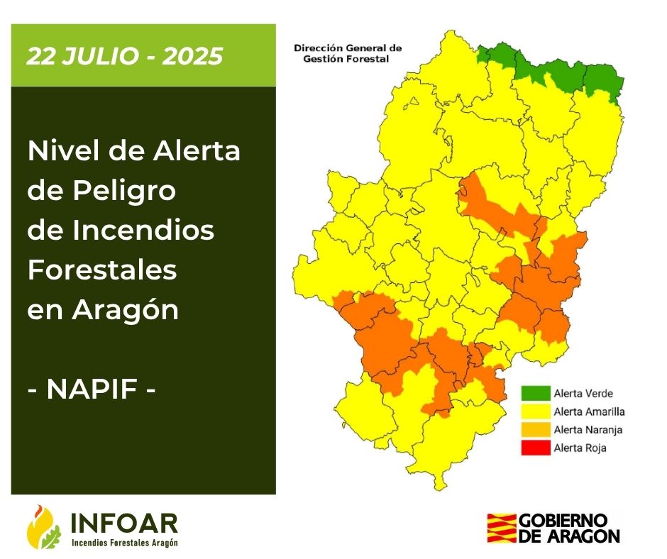 🟠Alerta naranja por peligro de incendios forestales en Muelas del Ebro-Alcubierre, Bajo Ebro Forestal, Jiloca-Gallocanta y Maestrazgo.

Consulta el #NAPIF de hoy y la previsión para los próximos 2 días 👉tinyurl.com/4sm6dpnc