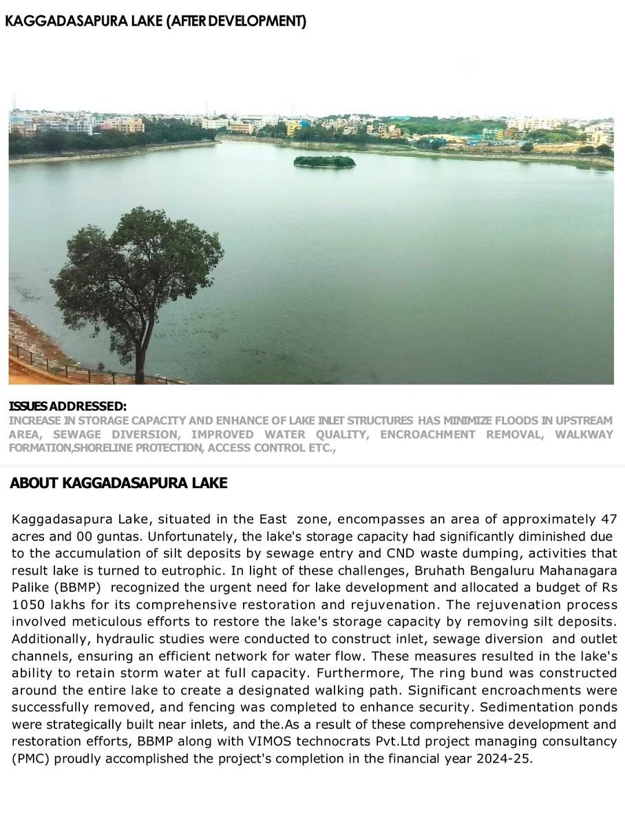 ಬಿಬಿಎಂಪಿ ಕೆರೆ ವಿಭಾಗದ ವತಿಯಿಂದ  ಅಭಿವೃದ್ಧಿಗೊಳಿಸಲಾಗಿರುವ ಕಗ್ಗದಾಸಪುರ ಕೆರೆಯ ವಿಹಂಗಮ ನೋಟ.

Kaggadasapura Lake is being rejuvenated by #BBMP lakes dept. The project focuses on increase in storage capacity and enhance of lake inlet structures has minimize floods in upstream area, sewage