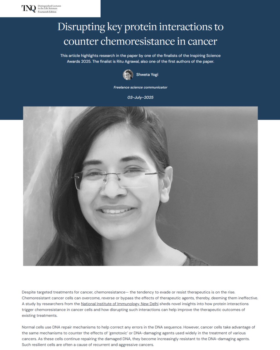 FollowDbtNibmg's tweet image. 🔬Shining Bright!
Dr. Ritu Agrawal, from @DrSagarSengupta &apos;s lab, is featured by TNQ Lectures for her work on disrupting p53 protein interactions to fight chemoresistance in cancer. Dr. Agrawal is one of the finalists of Inspiring Science Awards 2025
🔗bit.ly/46kNWCo