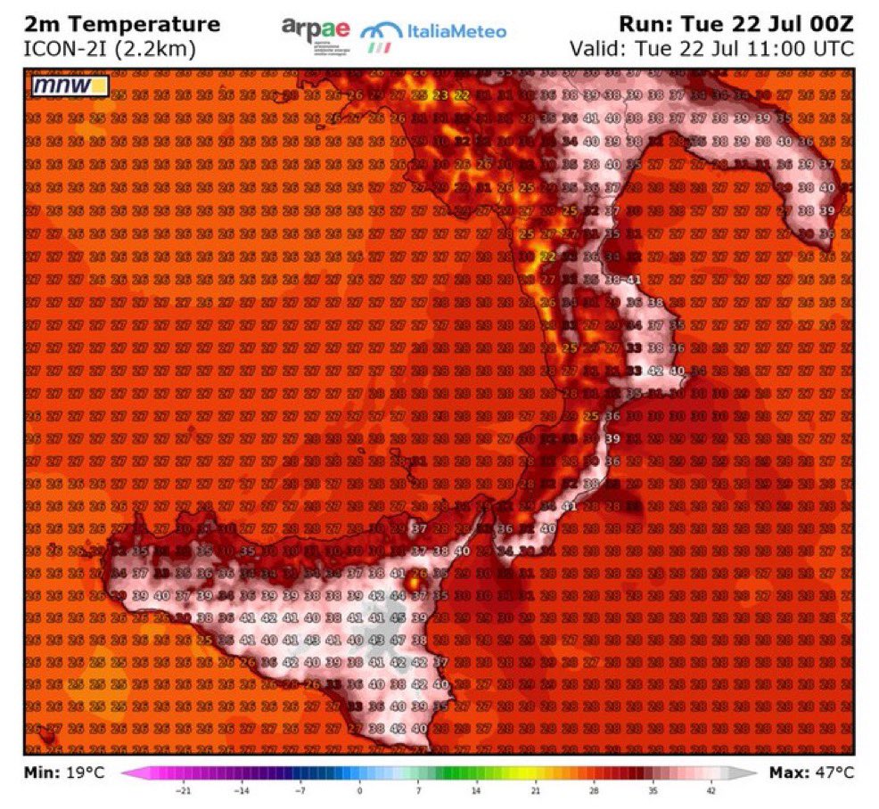 Met4CastUK's tweet image. Sicily is currently experiencing a pretty extreme heatwave with temperatures potentially reaching as high as 45°C 🥵