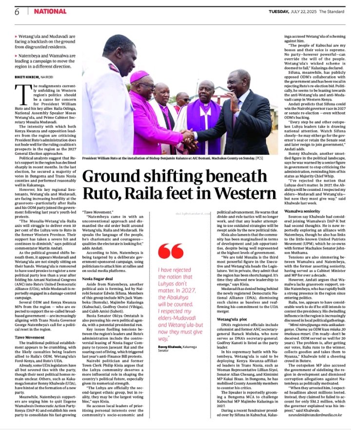 Kisia_Westlands's tweet photo. The Standard , Page 6: “Ground shifting beneath Ruto and Raila in Western.” 

Translation: Luhyas have started reading the room. No more being taken for granted via @StandardKenya

#MulembeNation 
#VoteWithSense #NotYourRubberStamp https://t.co/wdT9H10imP