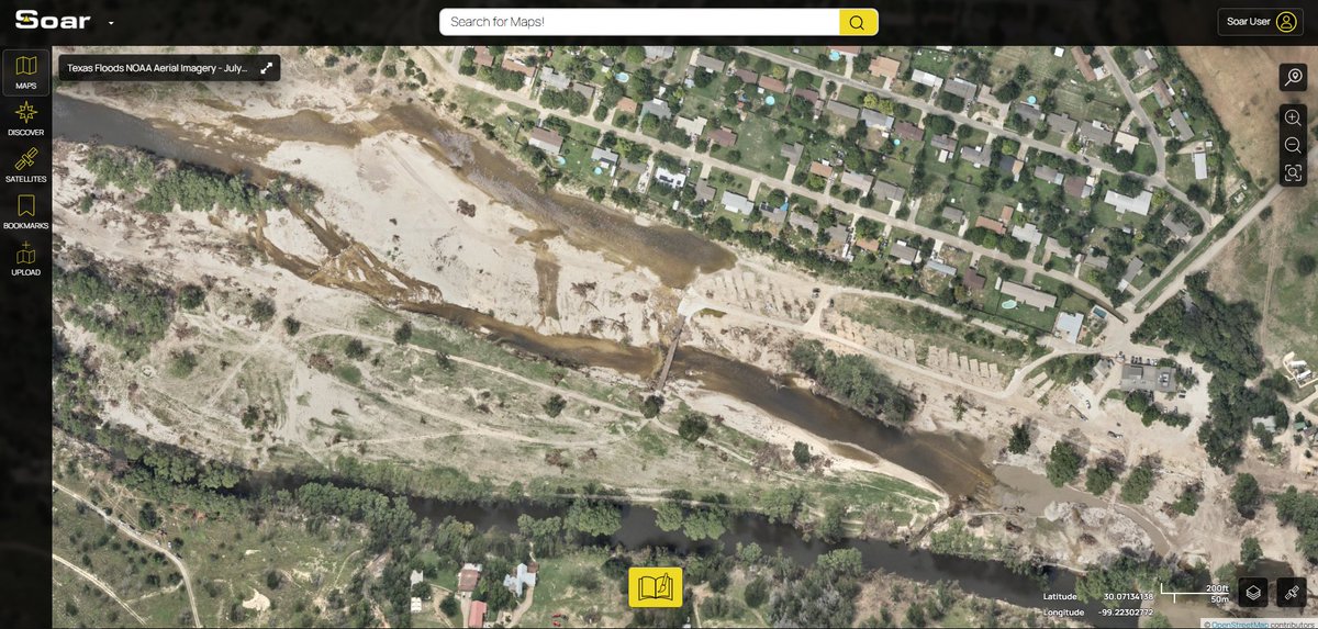 Soar_Earth's tweet image. Once again, we have more imagery added to Soar from
@NOAA, this time covering the #TexasFloods on July 20, 2025. This map is quite big with many different details of raised water levels across the river. Did you spot anything we missed?
soar.earth/maps/texas-flo…