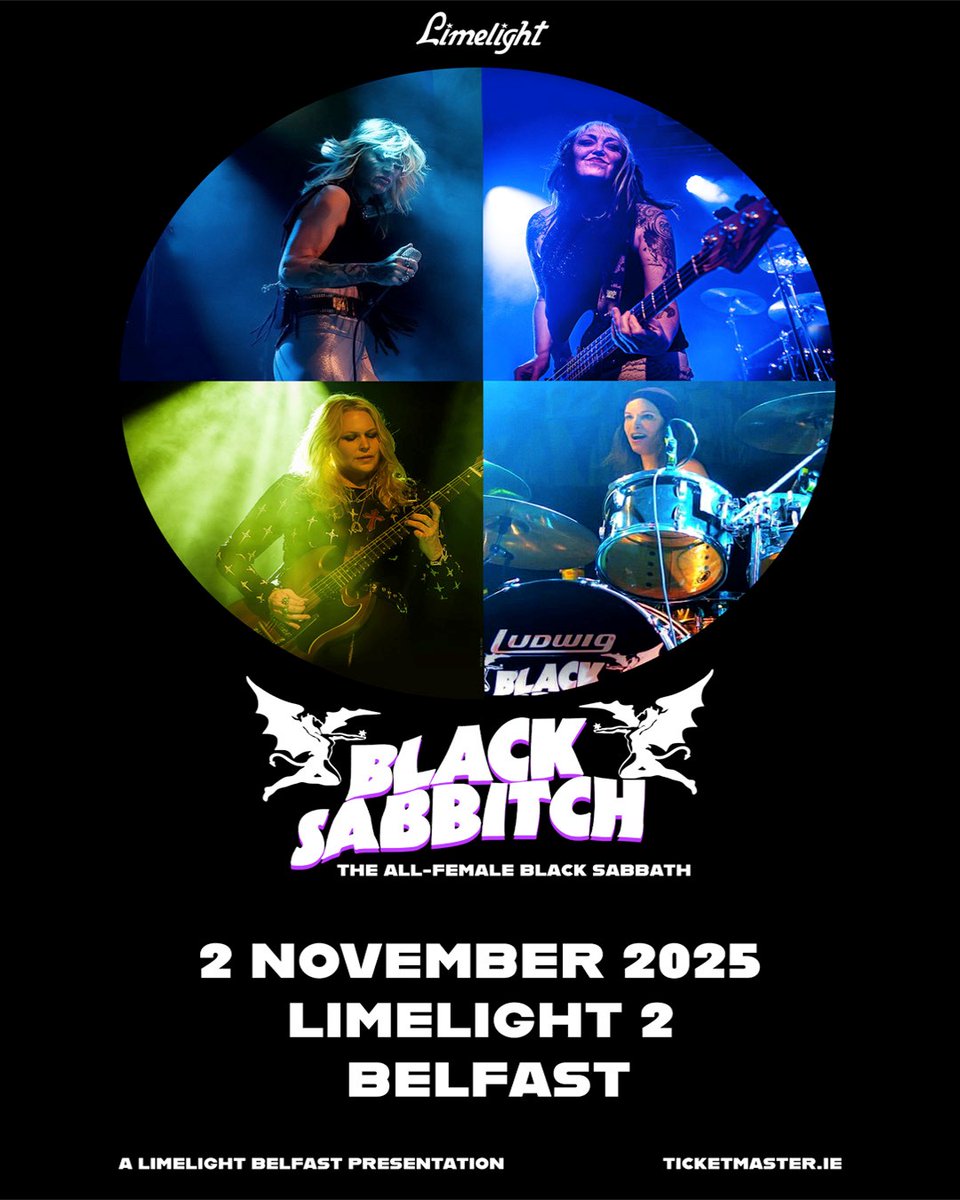 TicketmasterIre's tweet image. 🎸 The all-female Black Sabbath tribute act, @Black_Sabbitch perform live at @academydublin 2 on 31 October and @LimelightNI 2, Belfast on 2 November 2025.
🎫 Tickets on sale now bit.ly/46SxvgG