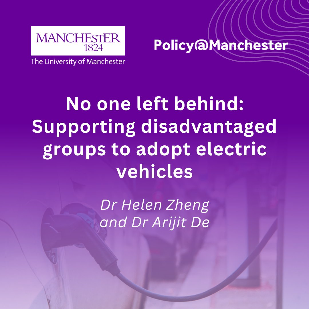 UoMPolicy's tweet image. Transitioning to electric vehicles presents an opportunity to decarbonise transport. 🚙
But Dr @helenweizheng & Dr Arijit De's research show marginalised groups risk being left behind.
Could EV car sharing clubs be the way forward?
Read more here: blog.policy.manchester.ac.uk/inclusivegrowt…