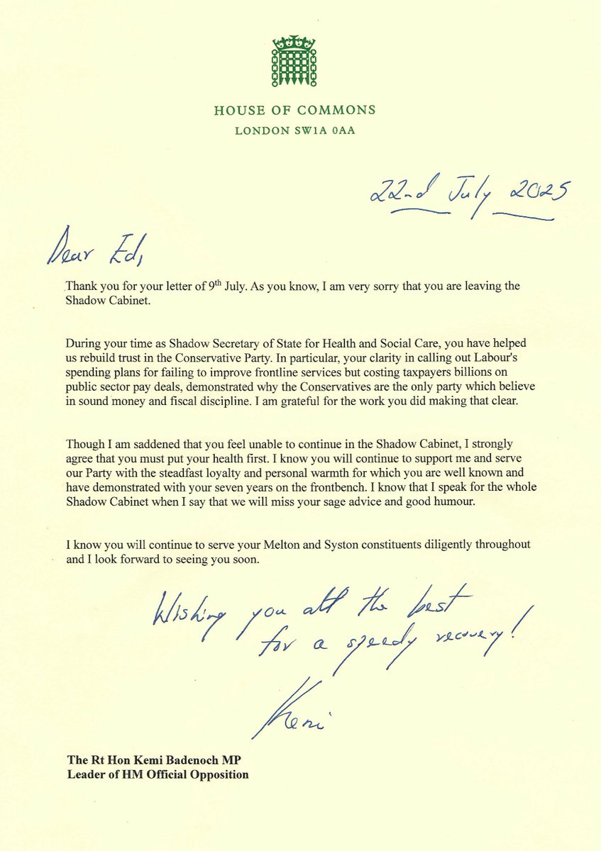 KemiBadenoch's tweet image. As he prepares for his last parliamentary oral questions from the front bench, I want to put on record my sincere thanks to Ed Argar for serving in my Shadow Cabinet.
I wish him the very best for a speedy recovery and return to full health, and so I will be making a few changes…
