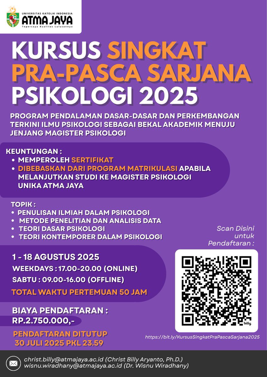 📢 Lulusan S1 non-psikologi dan ingin mendalami ilmu psikologi?
🤔 Ingin lanjut ke Magister Psikologi tapi masih ragu-ragu?
😲 Ingin menyegarkan kembali pengetahuan dasar dan perkembangan terbaru di bidang psikologi?

📥 Daftar kursus melalui :
🔗 bit.ly/KursusSingkatP…