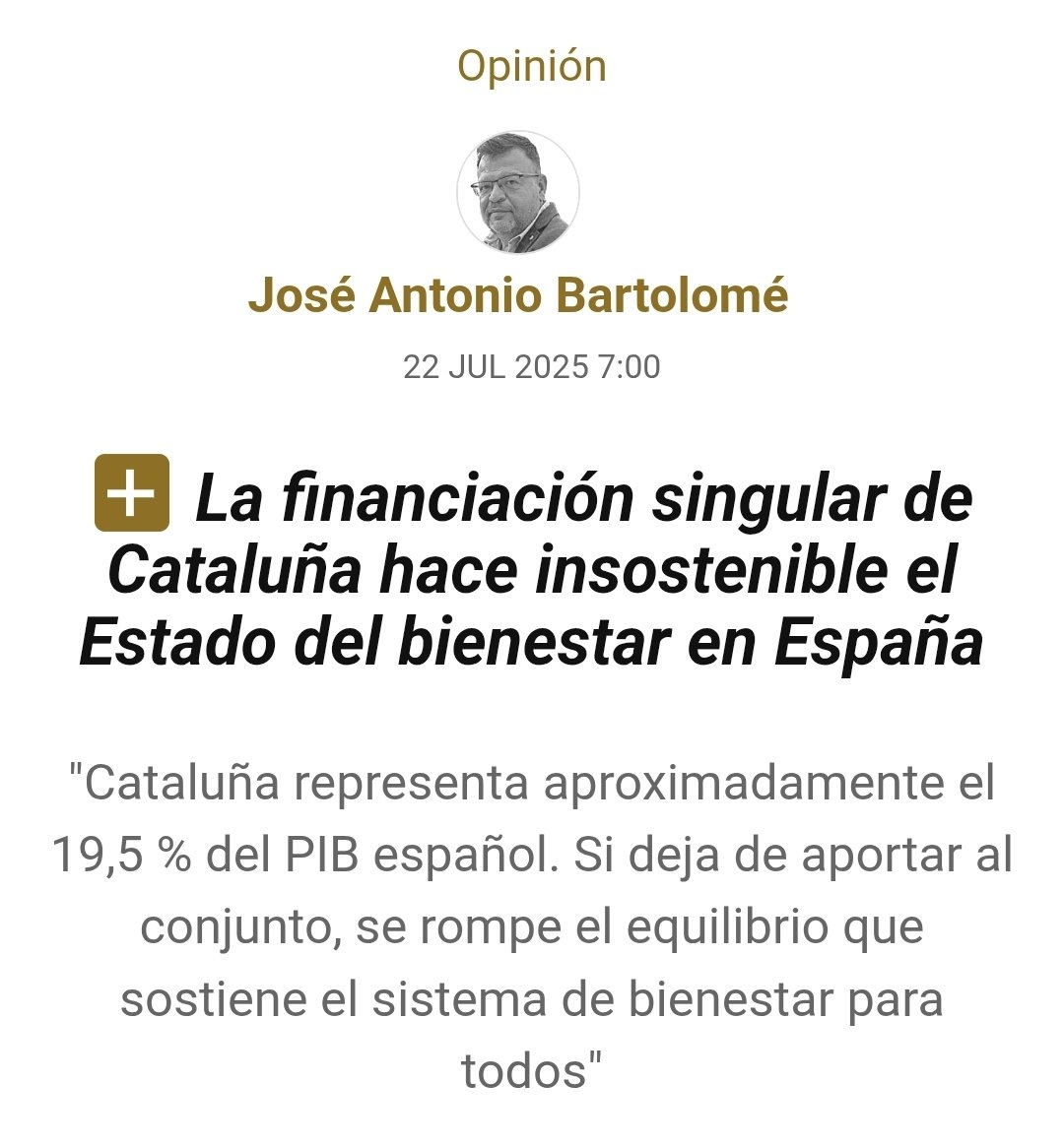 izquierdaesp's tweet image. La financiación singular de Cataluña hace insostenible el Estado del bienestar en España
"Cataluña representa aproximadamente el 19,5 % del PIB español. Si deja de aportar al conjunto, se rompe el equilibrio que sostiene el sistema de bienestar para todos"…