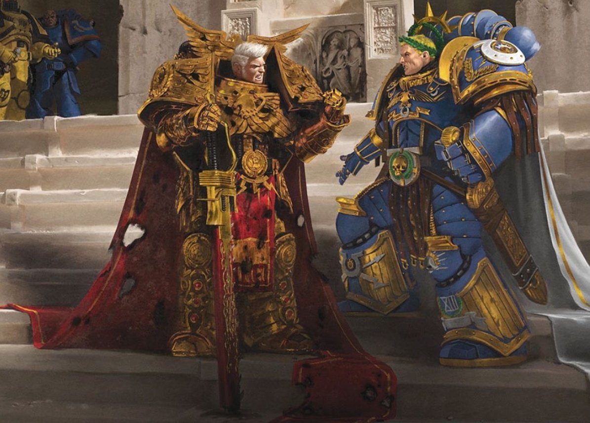 Canamarth's tweet image. Rogal Dorn y Roboute Guilliman discutiendo sobre quién se queda con Manolo Militarun 🪖 tras el asedio de Terra