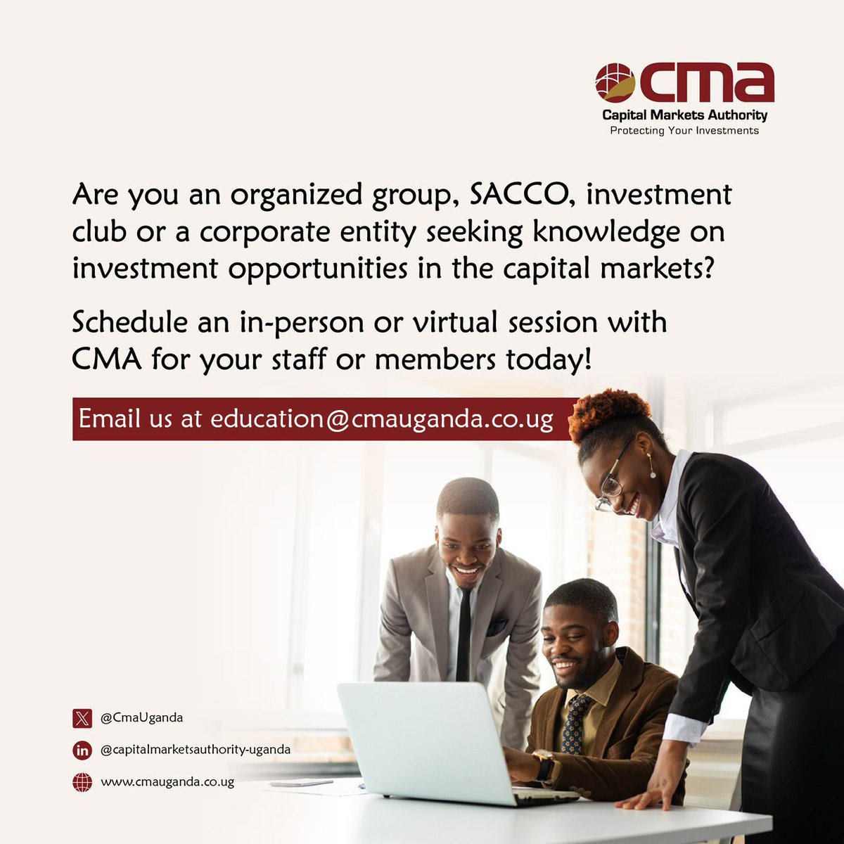 CMA Uganda (@cmauganda) on Twitter photo Are you looking to start your investment journey but not sure how to proceed? Are you an organized group, SACCO, investment club or corporate entity seeking knowledge on investment opportunities in the capital markets?
Schedule an in-person or virtual session with <a href="/CmaUganda/">CMA Uganda</a> Are you looking to start your investment journey but not sure how to proceed? Are you an organized group, SACCO, investment club or corporate entity seeking knowledge on investment opportunities in the capital markets?
Schedule an in-person or virtual session with <a href="/CmaUganda/">CMA Uganda</a>