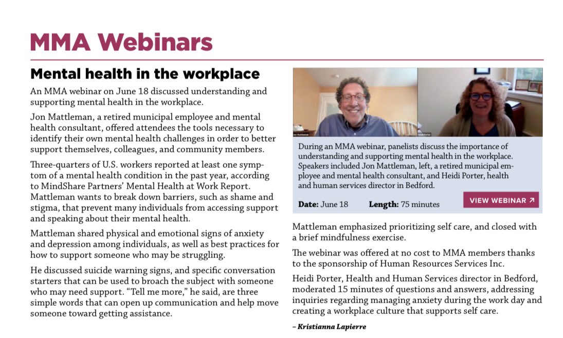 Jon Mattleman (@jonmattleman) on Twitter photo A terrific collaboration with <a href="/massmunicipal/">Mass. Municipal Assn</a> focusing on the importance of understanding and addressing mental health in the workplace. A terrific collaboration with <a href="/massmunicipal/">Mass. Municipal Assn</a> focusing on the importance of understanding and addressing mental health in the workplace.