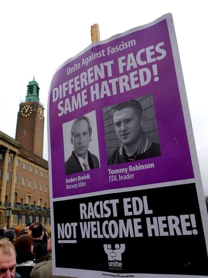 uaf's tweet image. Love to family & friends of all killed by a nazi in Oslo & Utoya, 14 years ago #OTD.
The murderer was an admirer of the English Defence League led by 'Tommy Robinson'...
@AntiRacismDay @Searchlight_mag