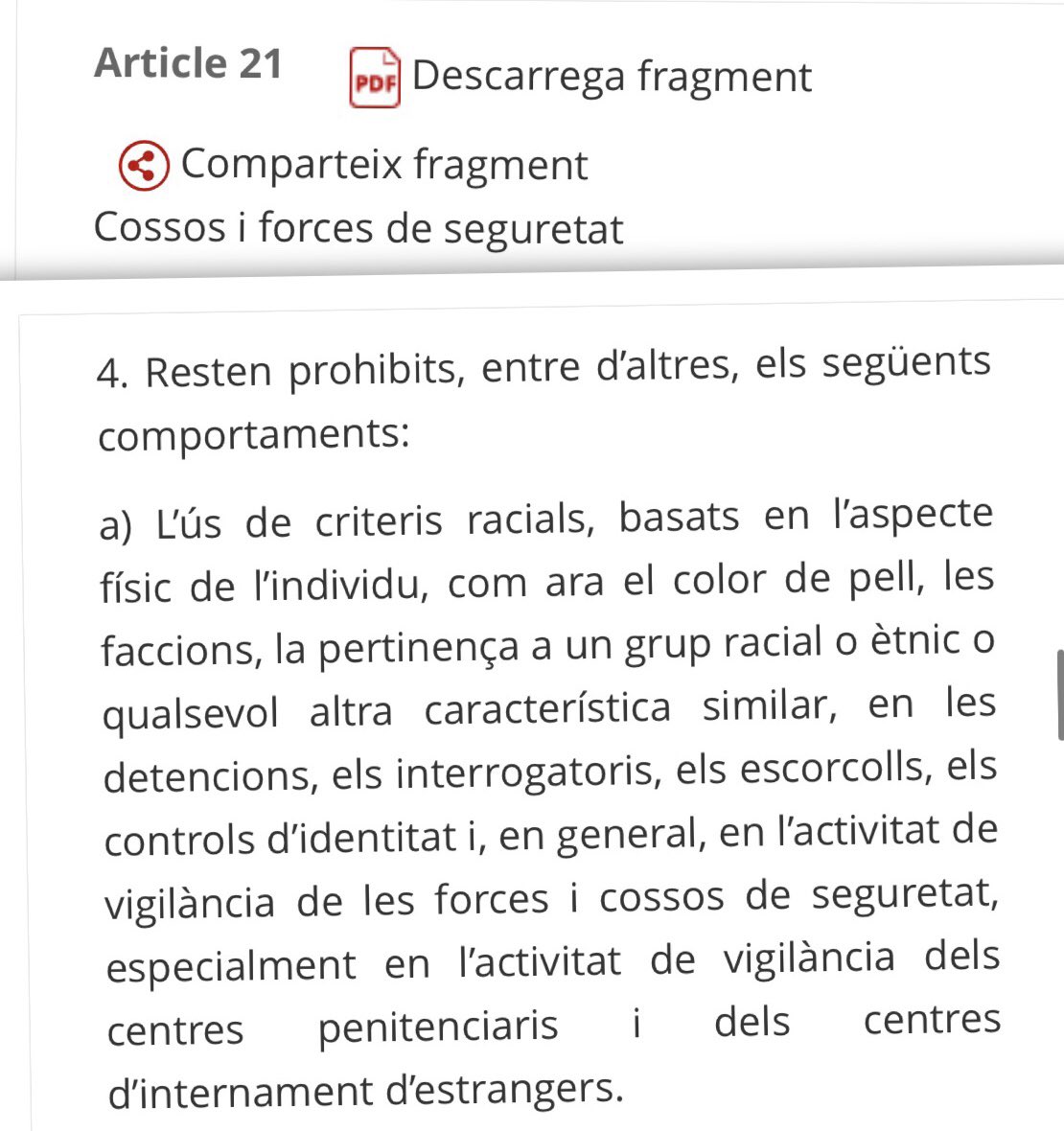 No oblidar que a #Catalunya SI estan prohibides identificacions, controls, detencions per perfil ètnico-racial (art. 21.4.a Llei 19/2020) i hem d'exigir que es compleixi i se'n sancioni l'incompliment

Aunque a nivel estatal no haya ninguna norma así de clara, en Catalunya sí 👇🏾