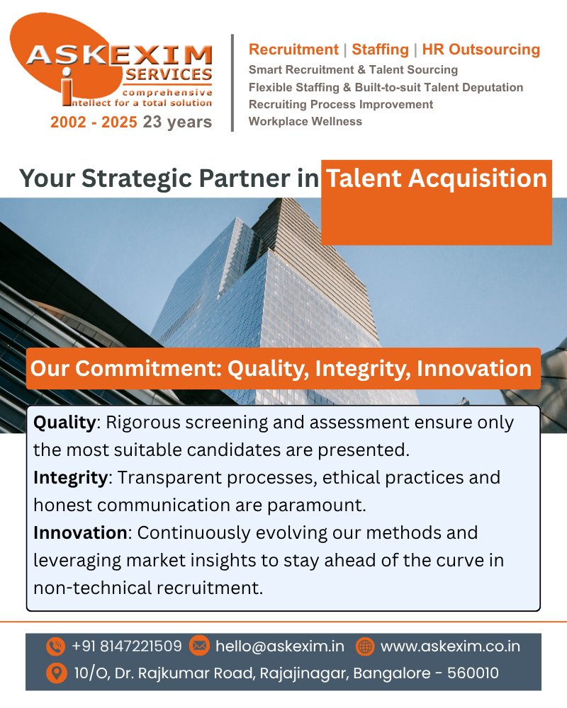 ashoksurana's tweet image. #Recruitment #TalentSolutions #FlexibleStaffing #FlexibleWorkforceSolutions #ContractStaffing #C2H #ComprehensiveRecruitment #ManpowerServices #StaffingVendor #RecruitmentVendor #RecruitmentPartner #RecruitmentAgency #Startups #SmallBusiness #RPO #AskeximServices #Bangalore