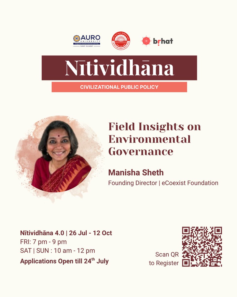 brhat_in's tweet image. At Nītividhāna 4.0, Manisha Sheth Ji, Founder of eCoexist Foundation, brings over 20 years of work at the intersection of design, ecology, and grassroots change. An architect and environmentalist with deep spiritual training, she has worked with farmers, prisoners, and…