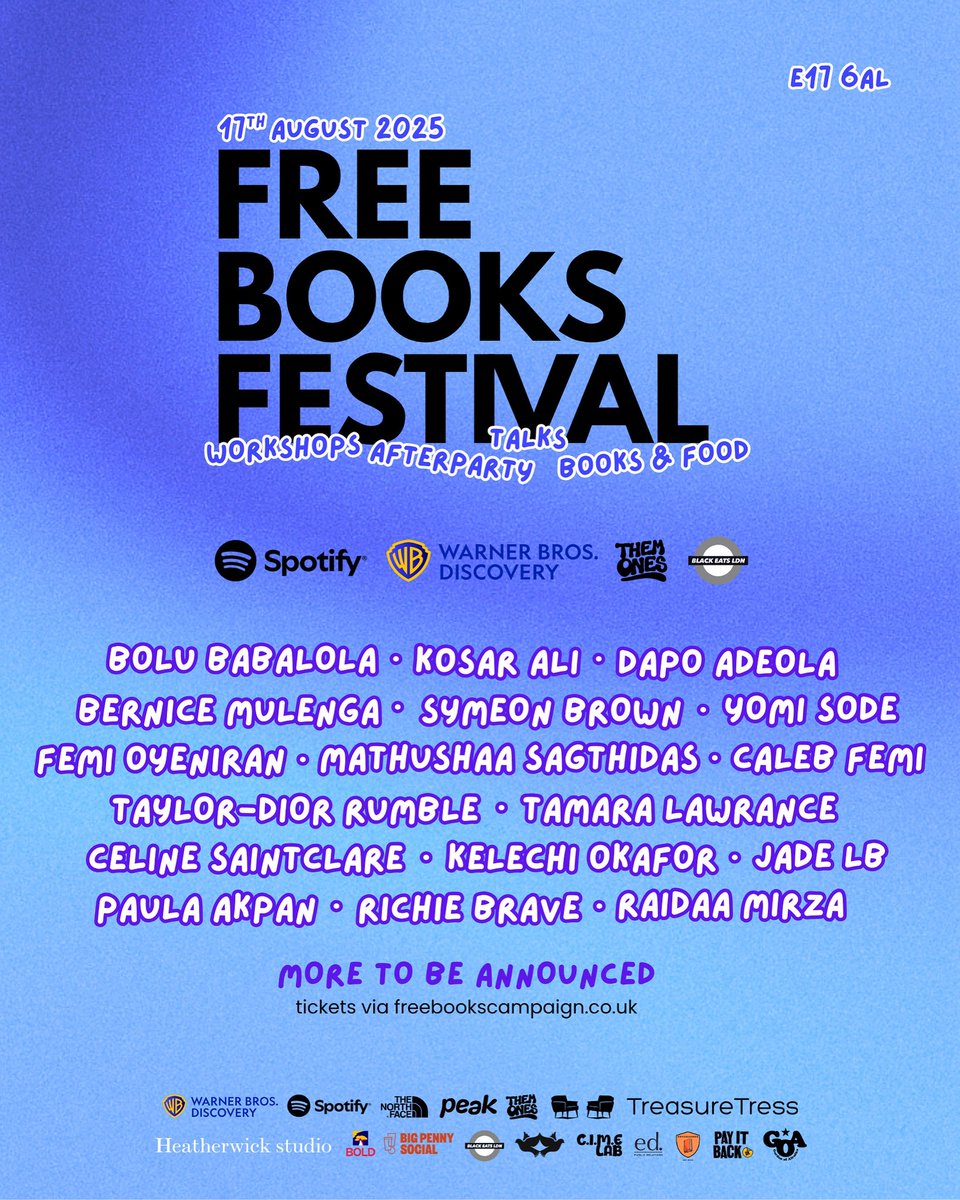 The Free Books Festival is back on 17th Aug 2025 at Big Penny Social, Walthamstow! 📚✨

Line-up includes Bolu Babalola, Kosar Ali, Dapo Adeola, Caleb Femi + more.

🎟️ Tickets = donations to build our Free Books Library in Senegal 🇸🇳

freebookscampaign.co.uk/festival-25