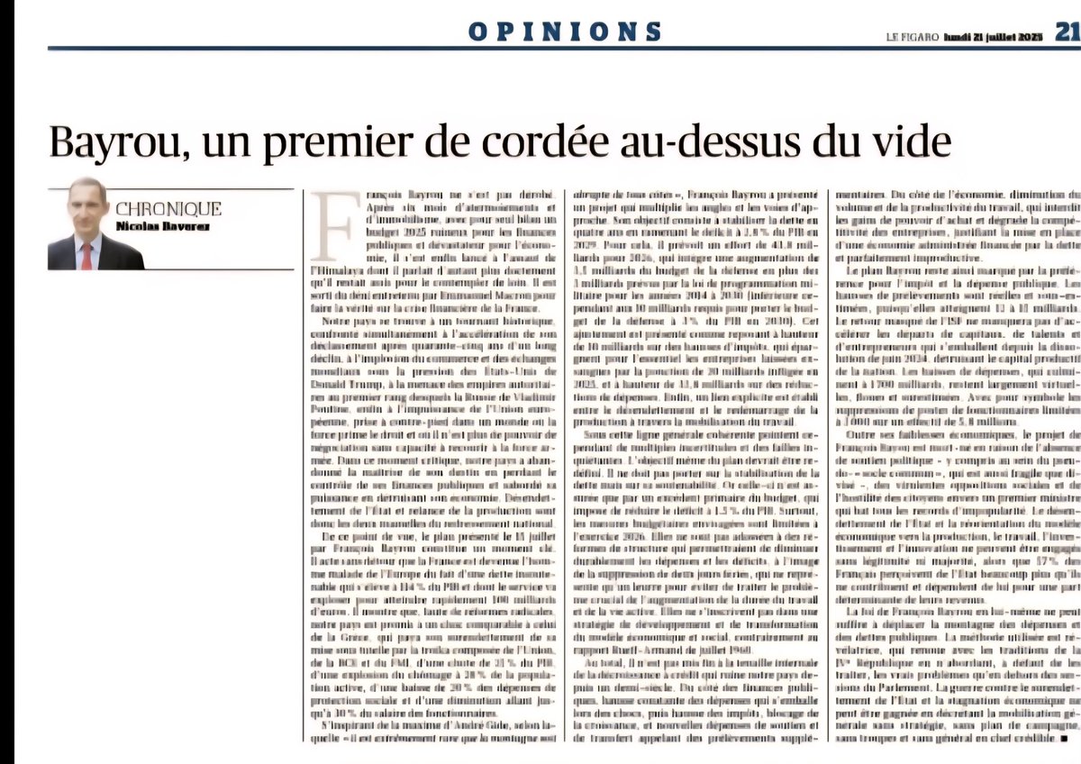 Freddy_Roy's tweet image. « Bayrou, un premier de cordée au-dessus du vide » - l'essayiste Nicolas Baverez signe une chronique sur un pouvoir sans relais, une majorité sans cap, et le recyclage des figures comme symptôme d’une transmission politique en faillite #Bayrou