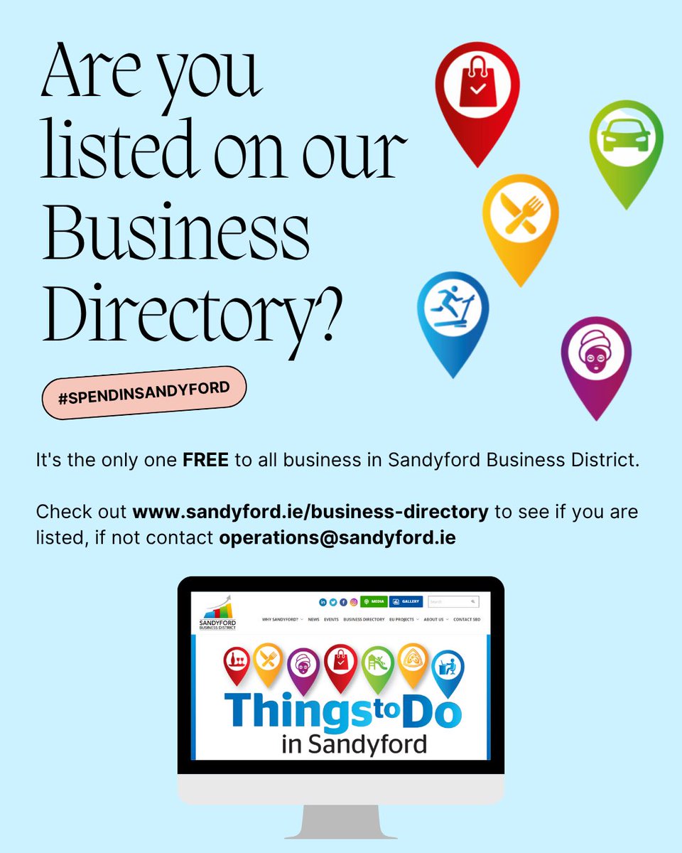 SandyfordBID's tweet image. Is your business listed in our SBD Business Directory?
It’s open to all businesses in Sandyford Business District — and it’s completely FREE!
You can check to see if you’re listed here: sandyford.ie/business-direc…
📧 Not listed? Email us at operations@sandyford.ie