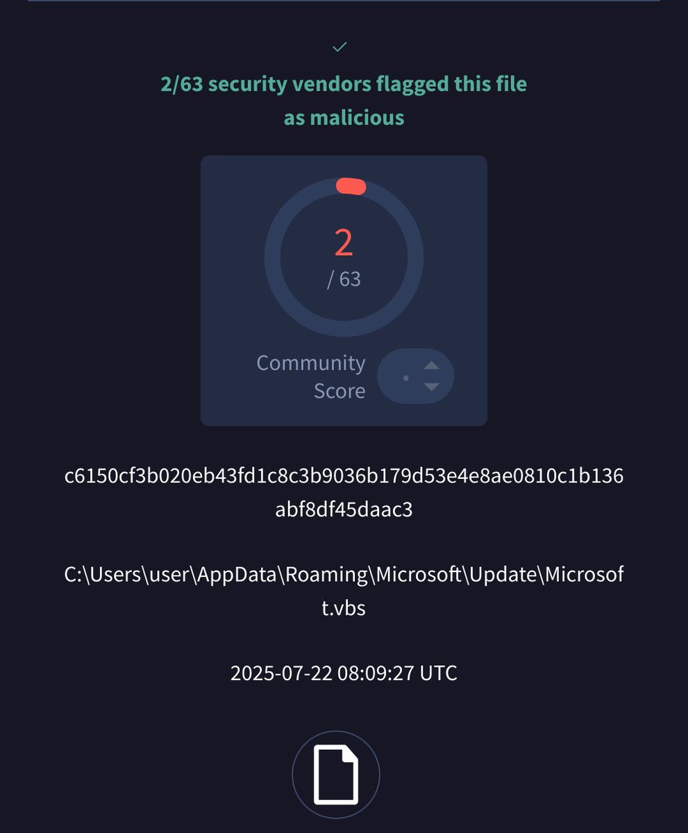 'Microsoft.vbs' as a low detected #xworm from #Türkiye 
<a href="/abuse_ch/">abuse.ch</a> 
bazaar.abuse.ch/sample/c6150cf…
GitHub: /github(.)com/MockaPro/PS1/ 
<a href="/skocherhan/">ܛܔܔܔܛܔܛܔܛ</a>