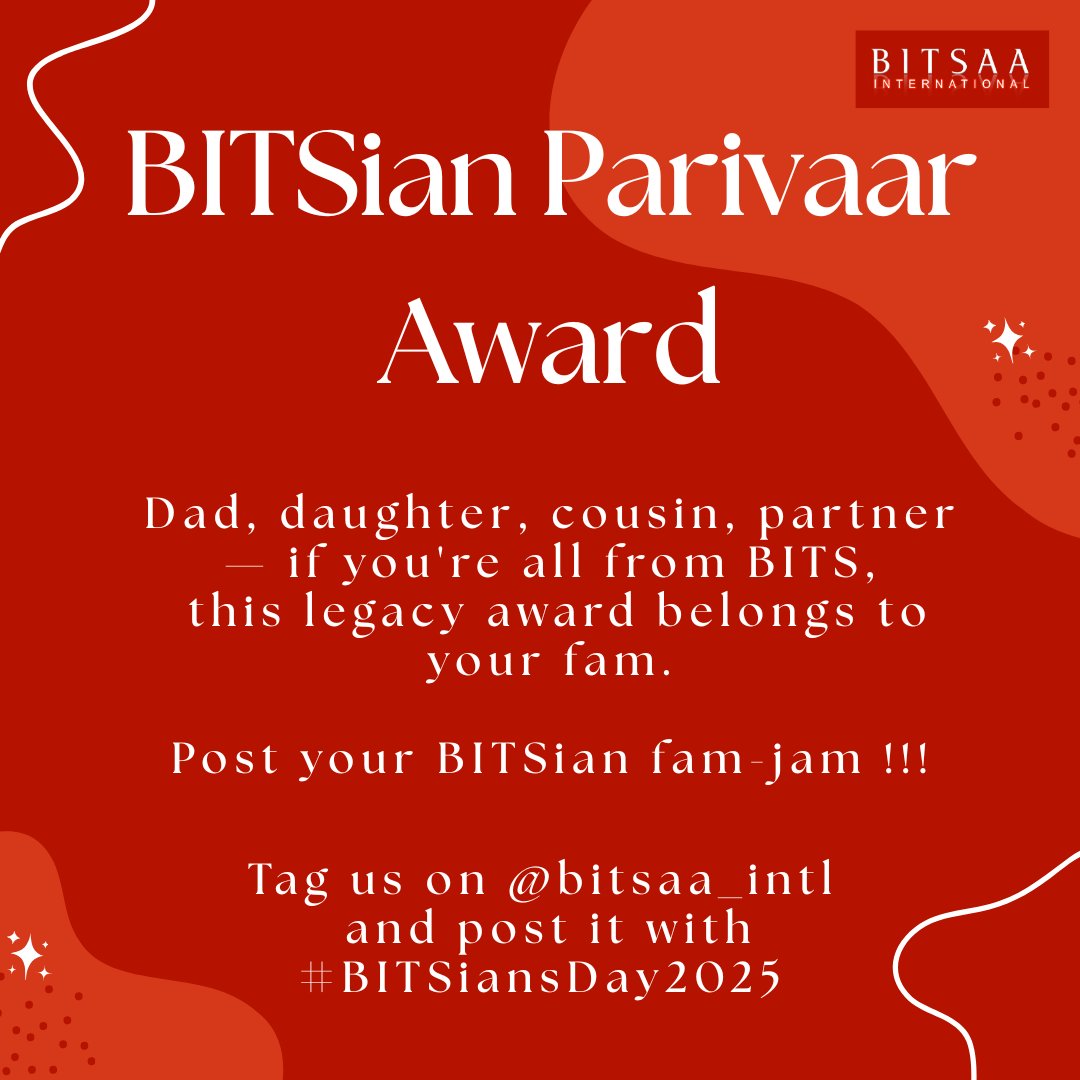 BITSAA International (@bitsaa) on Twitter photo BITS isn’t just a degree — it runs in the family 👨👩👧👦
🏆 Apply for the BITSian Parivaar Award
📸 Post your BITSian fam-jam
🏷 Tag us !!!
#️⃣ Use #BITSiansDay2025
📩 Email your entry: socialmedia_manager@bitsaa.org
🗓 Deadline: August 10 , 2025
Legacy never looked this good 🔥 BITS isn’t just a degree — it runs in the family 👨👩👧👦
🏆 Apply for the BITSian Parivaar Award
📸 Post your BITSian fam-jam
🏷 Tag us !!!
#️⃣ Use #BITSiansDay2025
📩 Email your entry: socialmedia_manager@bitsaa.org
🗓 Deadline: August 10 , 2025
Legacy never looked this good 🔥