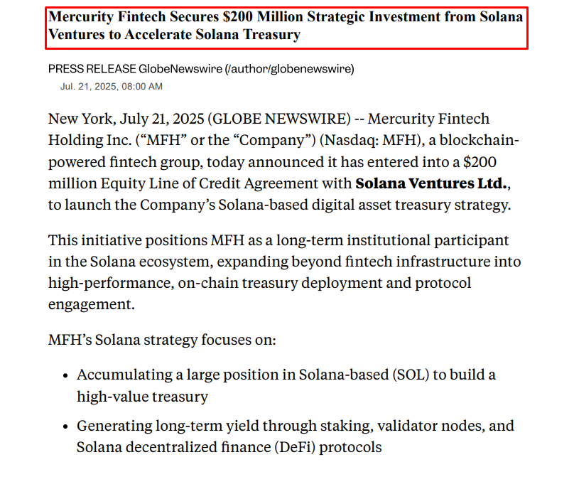 CryptoCoinShow's tweet image. ⚡️BIG: Mercurity Fintech has secured a $200 million equity line from Solana Ventures to launch a Solana-based digital treasury strategy.
@mercurityfin (Nasdaq: $MFH) will buy SOL, earn yield through staking, run validators nodes, and invest in tokenized finance and real-world…
