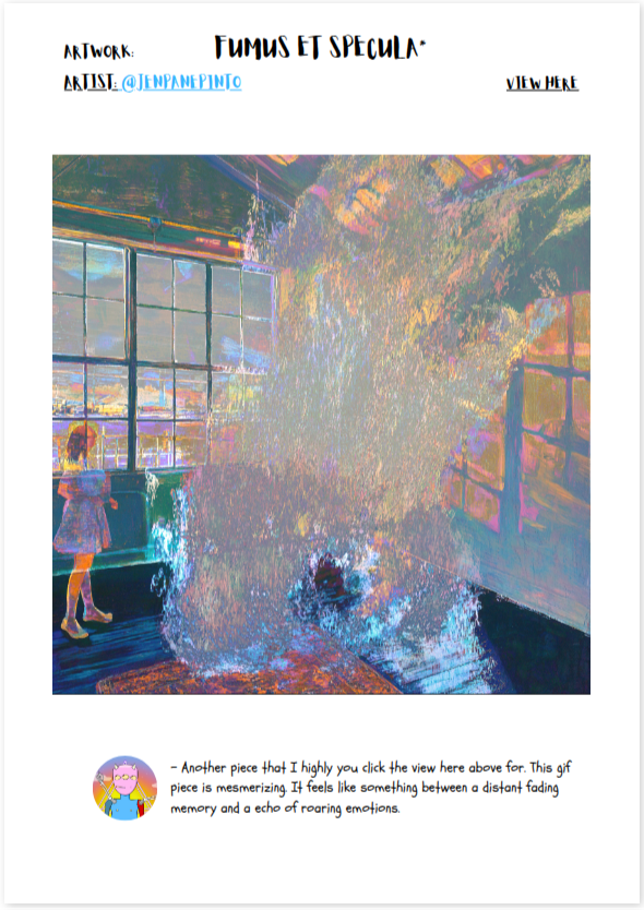 Chumwizards's tweet image. 🫧 A memory in motion.
You can check out the other artwork showcased along with @JenPanepinto in this week's issue of Tweak from the @TwistedTweakNFT community
niftytales.xyz/books/687ea0f1…
