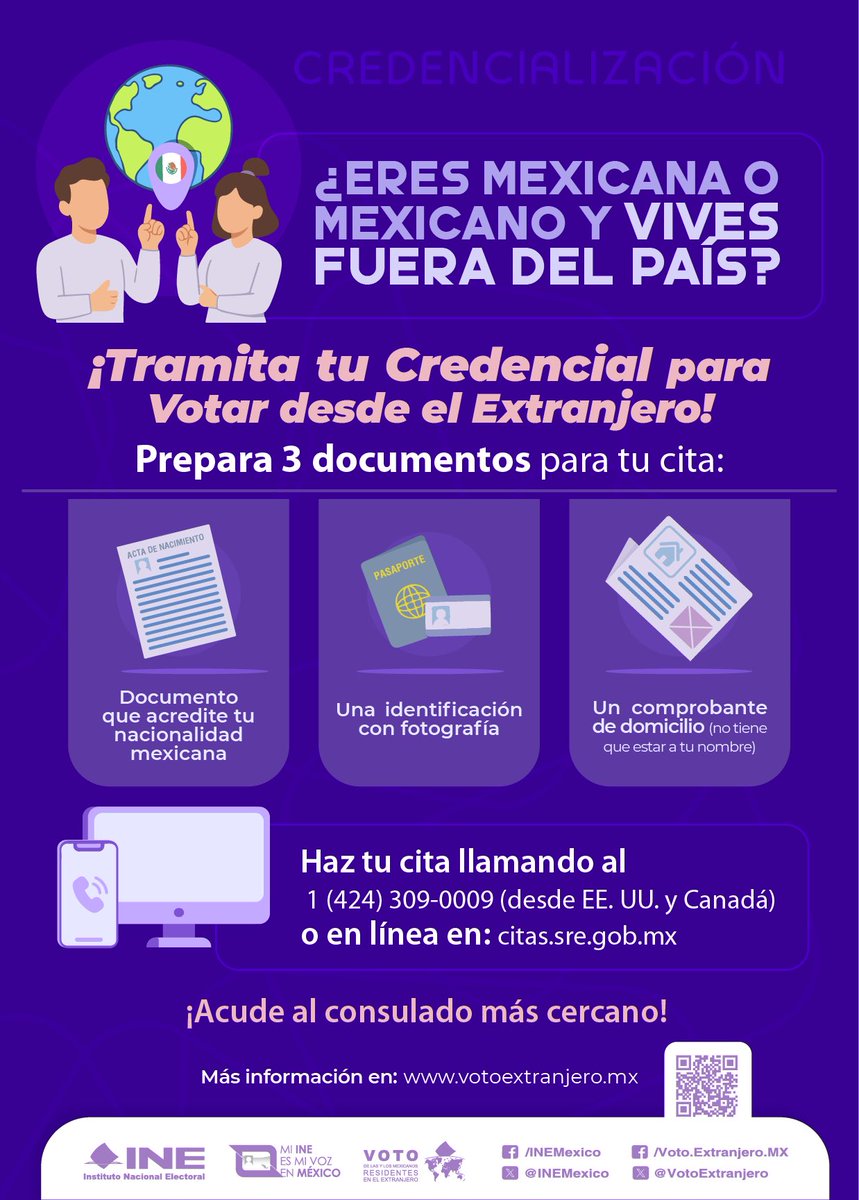 ￼🇲🇽¿Eres mexicana o mexicano y vives fuera del país?
¡Tramita tu Credencial para Votar desde el Extranjero, conoce los requisitos! 🗳⤵️
🌏 #VotoExtranjero #INEMéxico