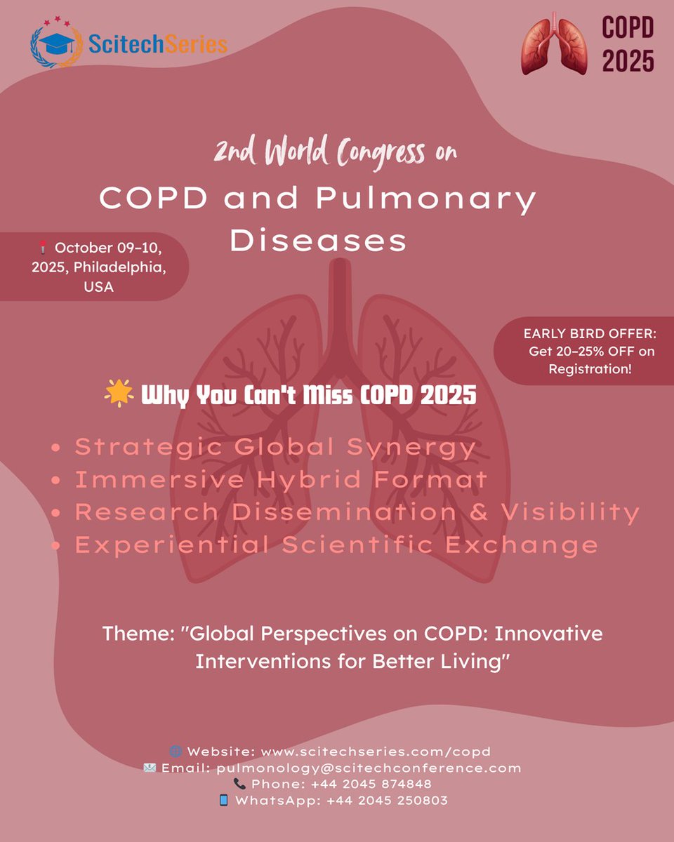 🌍Calling all pulmonologists, clinicians &amp; respiratory researchers!
Join global experts at COPD 2025
📅 October 9–10, 2025 | 📍Philadelphia, USA
📢 Abstract submissions open now!
🔗 scitechseries.com/pulmonary-lung…
#LungHealth #COPD2025 #MedicalConference #Pulmonology #USA <a href="/ScitechSeries/">Scitech Series</a>