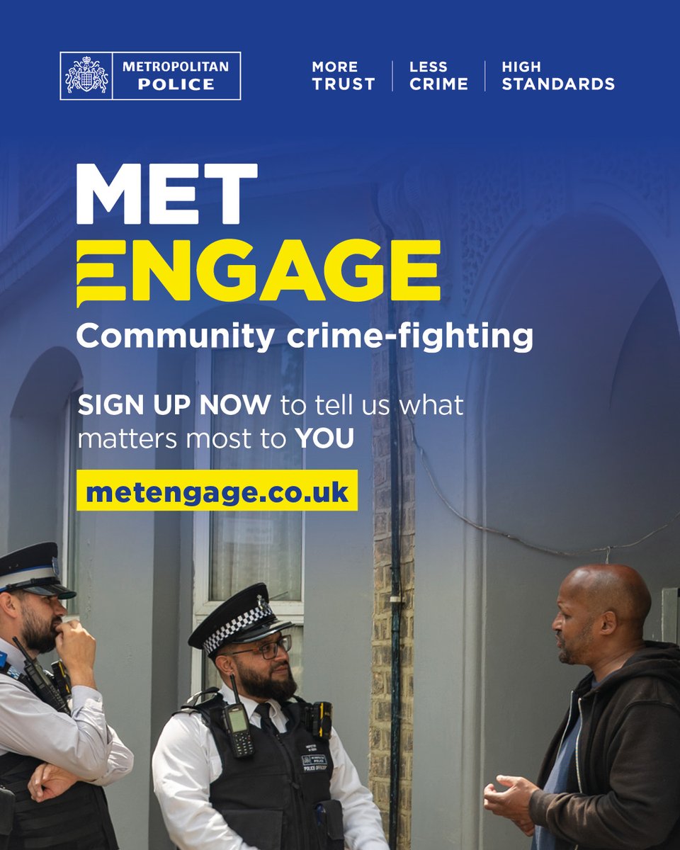 MOPACLdn's tweet image. Met Engage is a new way to get to know your local @metpoliceuk neighbourhood policing team, find out what they're doing in your area and share the issues that matter most to you.
Find out more and sign up: metengage.co.uk