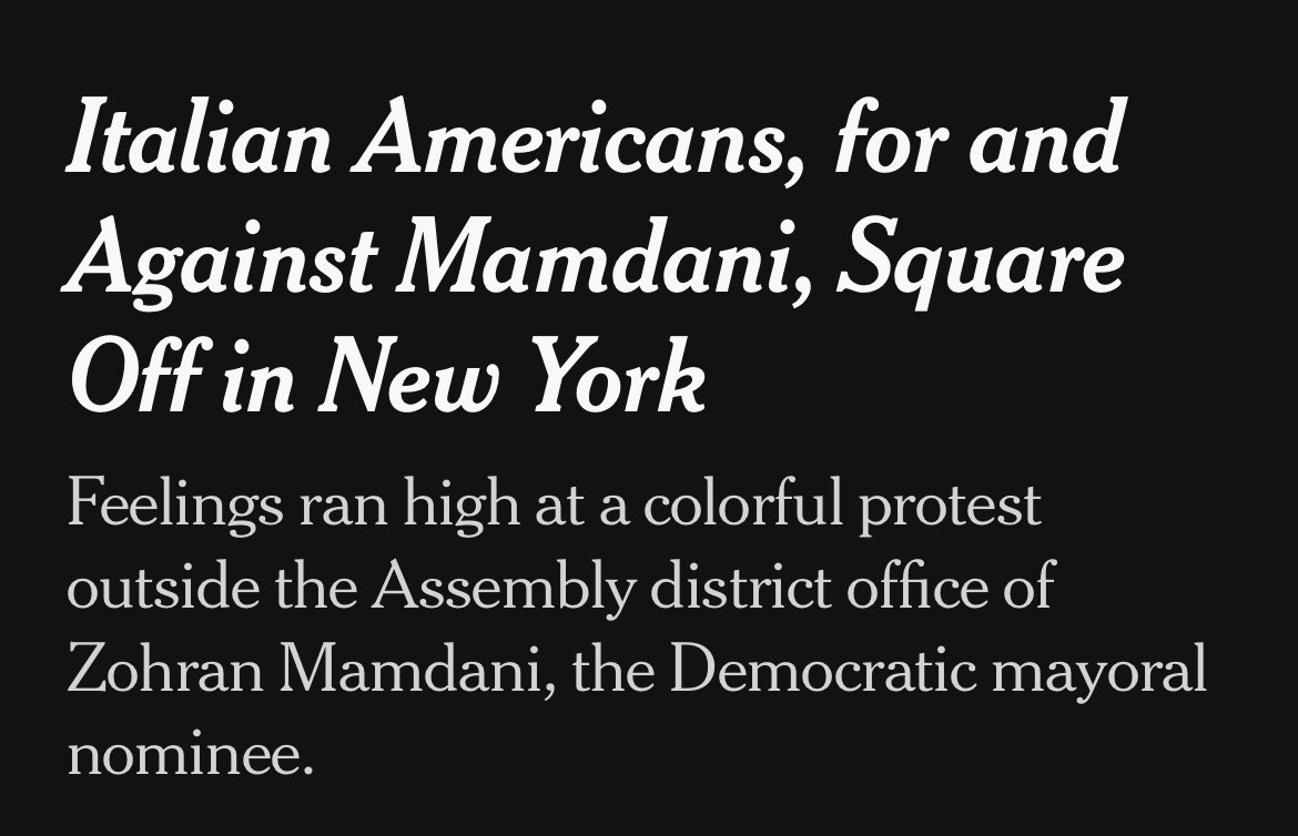 MatthewSitman's tweet image. What a time to be alive. From the NYT: “Italian Americans, for and Against Mamdani, Square Off in New York”
Also: how does one acquire a “Hot Italians for Zohran” shirt/hat/button? Same for “Paisans for Zohran!”