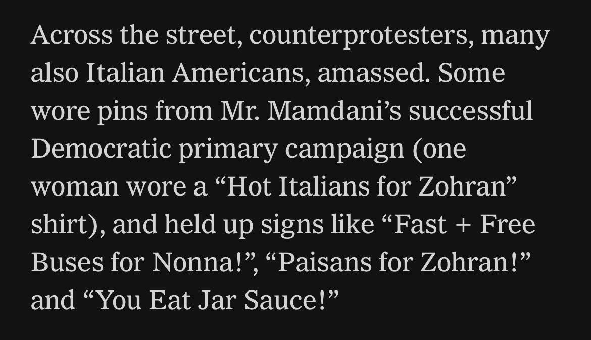 MatthewSitman's tweet image. What a time to be alive. From the NYT: “Italian Americans, for and Against Mamdani, Square Off in New York”
Also: how does one acquire a “Hot Italians for Zohran” shirt/hat/button? Same for “Paisans for Zohran!”