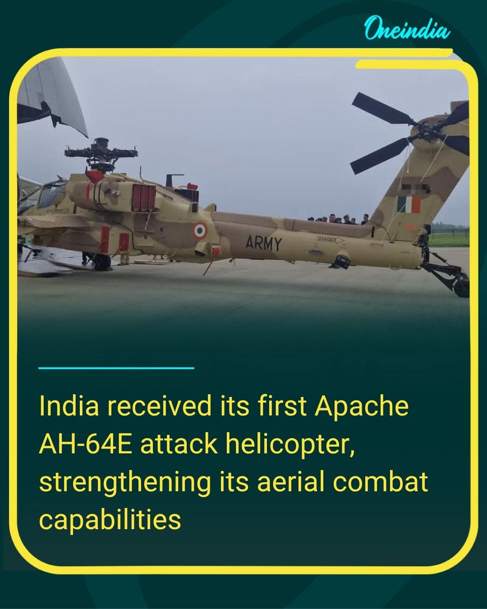 Oneindia's tweet image. India strengthens aerial firepower with first batch of Apache attack helicopters

#ApacheHelicopter #IndianAirForce #DefenceUpdate #MakeInIndia #MilitaryPower #IAF #IndiaDefense.
#NewsUpdate
#OI