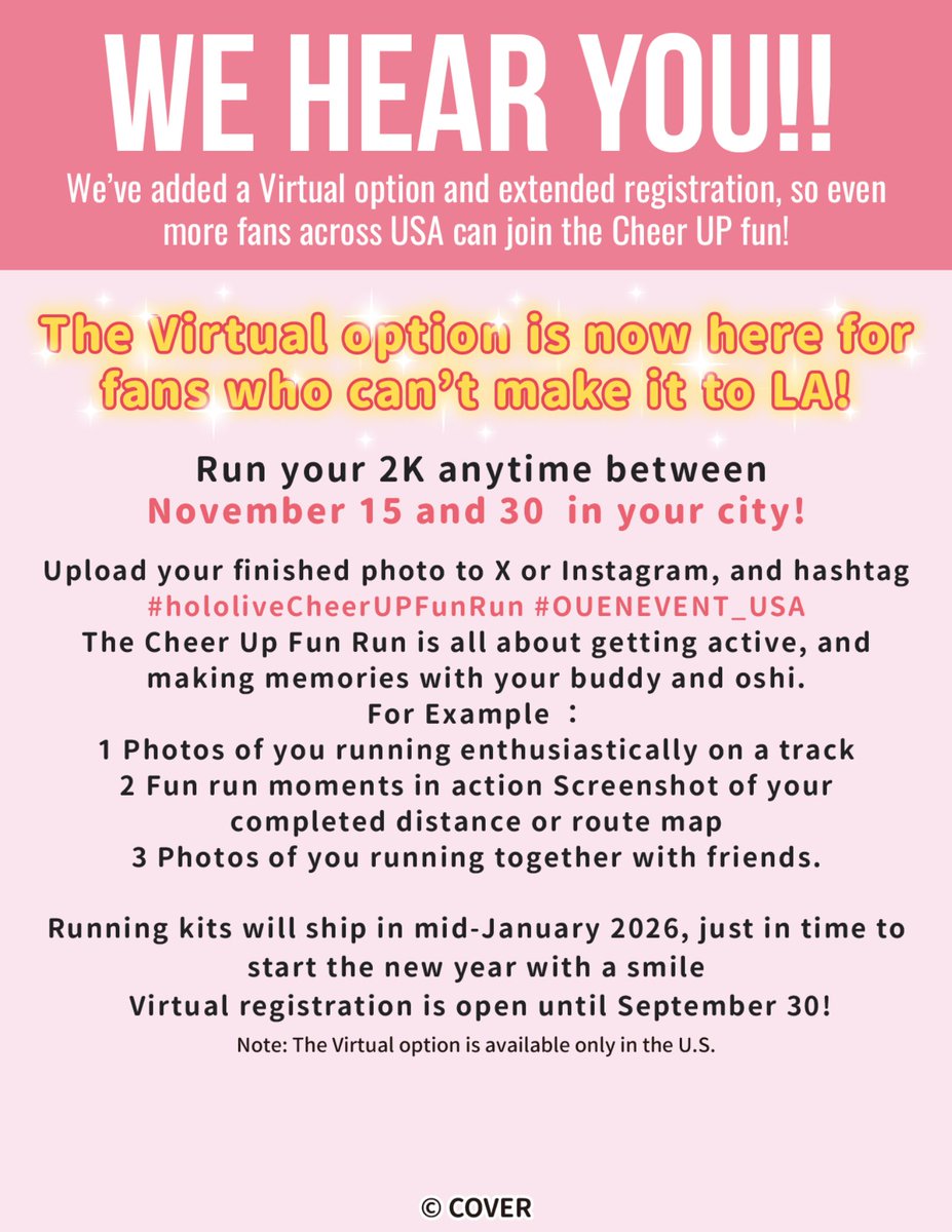 ou_en_event_usa's tweet image. 📣TWO BIG UPDATES!! 📣
🎉 Virtual option now open for fans across USA!
🕒 LA on-site registration extended until Sept 30!
More ways to join the #hololiveCheerUPFunRun 🏃
📸 See image for details
🎟️Sign up here 👉🏻 reurl.cc/DqEgz5