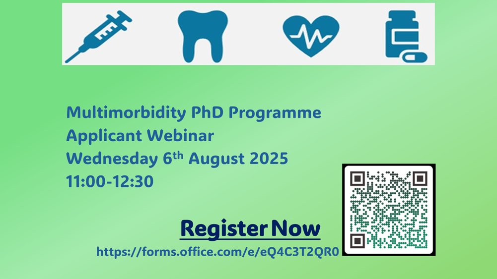 MMPhDHP's tweet image. Join us for an applicant webinar with Professor Frances Mair and Multimorbidity Team! Learn more about our programme and application process. Please register interest here forms.office.com/e/eQ4C3T2QR0