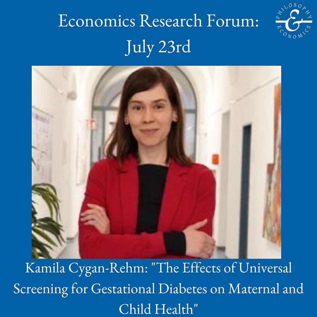 On July 23rd, the last Economics Research Forum of this semester will take place at 16 c.t. in S61, RW1. Kamila Cygan-Rehm will talk about "The Effects of Universal Screening for Gestational Diabetes on Maternal and Child Health". For more information: vwl4.uni-bayreuth.de/en/research/re…