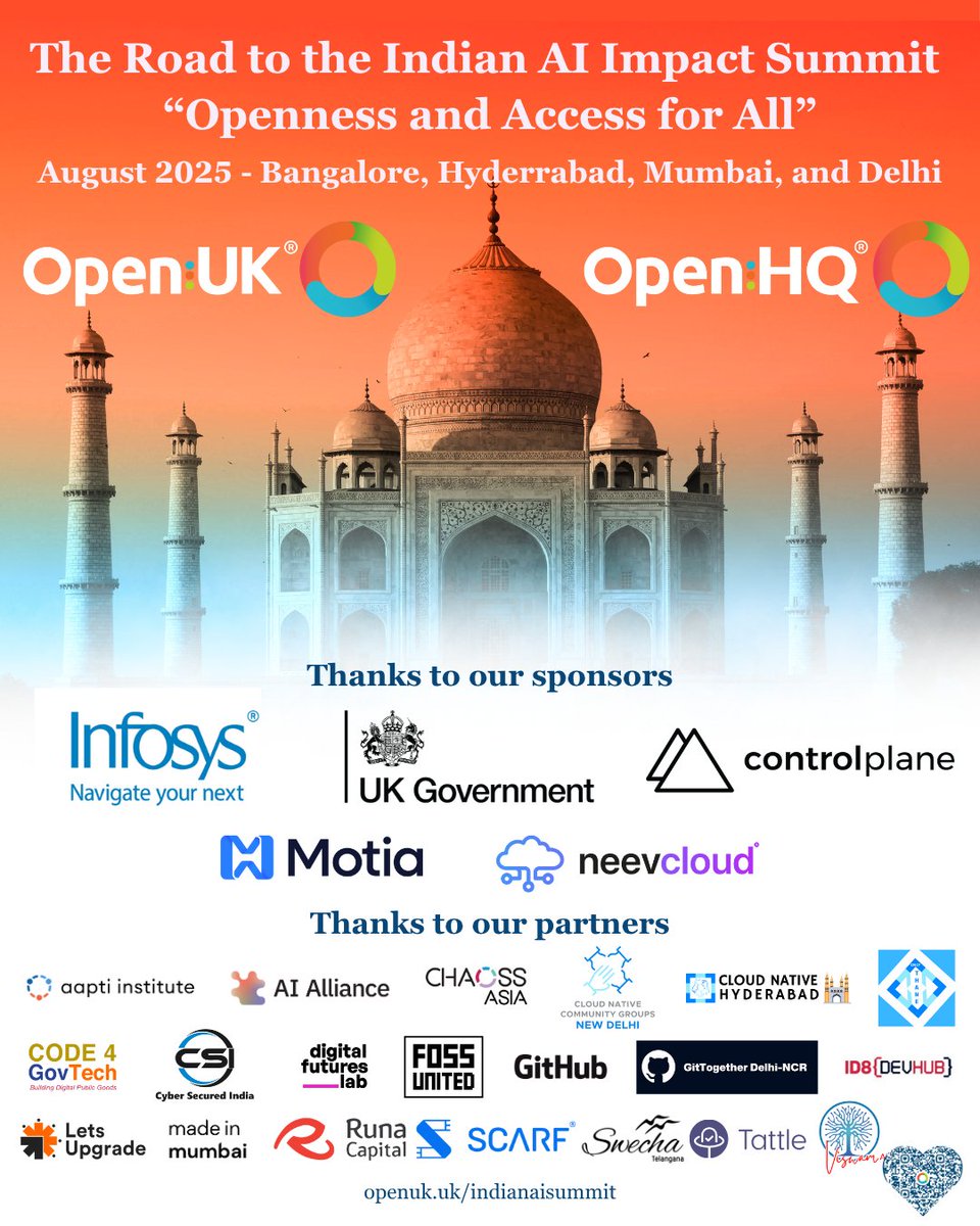 OpenUK (@openuk_uk) on Twitter photo Join the discussion on the Road to the Indian AI Impact Summit at events across India. openuk.uk/indianaisummit/ ๐ฎ๐ณ ๐ Thanks to our sponsors <a href="/Infosys/">Infosys</a>, UK Government, <a href="/controlplaneio/">controlplane</a>, <a href="/motiadev/">motia</a>, and <a href="/neevcloud_IN/">NeevCloud</a> ๐คฉ Thanks to our partners <a href="/aaptiinstitute/">aaptiinstitute</a>, <a href="/thealliance_ai/">The AI Alliance</a>, Join the discussion on the Road to the Indian AI Impact Summit at events across India. openuk.uk/indianaisummit/ ๐ฎ๐ณ ๐ Thanks to our sponsors <a href="/Infosys/">Infosys</a>, UK Government, <a href="/controlplaneio/">controlplane</a>, <a href="/motiadev/">motia</a>, and <a href="/neevcloud_IN/">NeevCloud</a> ๐คฉ Thanks to our partners <a href="/aaptiinstitute/">aaptiinstitute</a>, <a href="/thealliance_ai/">The AI Alliance</a>,
