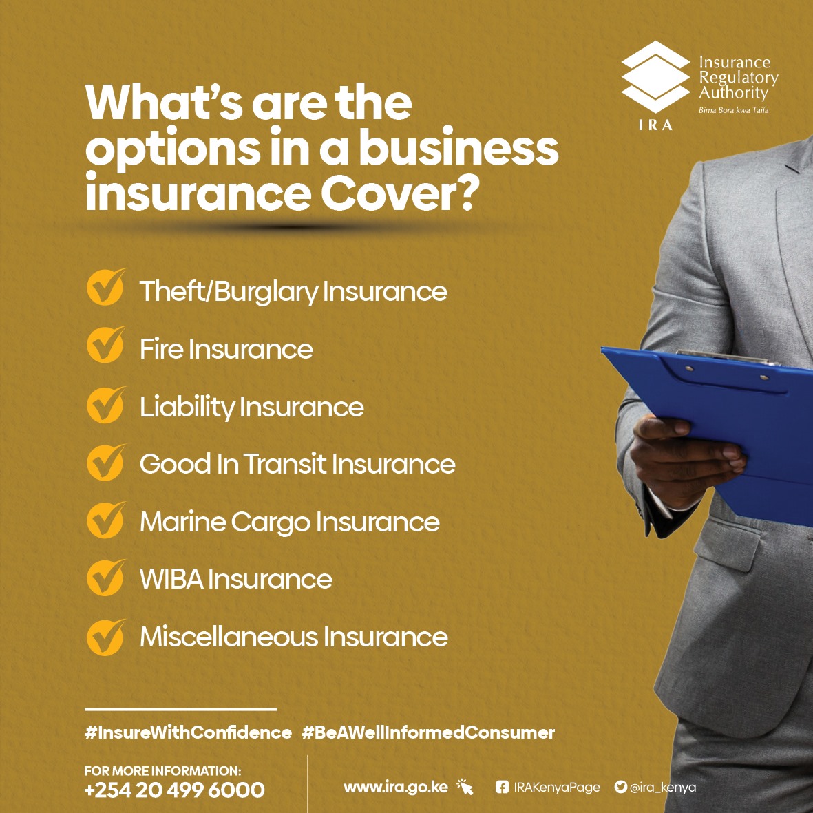 Milele_FM's tweet image. Let’s talk Business Insurance for your business.
While it is impossible to predict impending loss to your business, securing a Business using insurance cover will take away the worry of taking care of related risks. @ira_kenya  #InsuranceRegulatoryAuthority