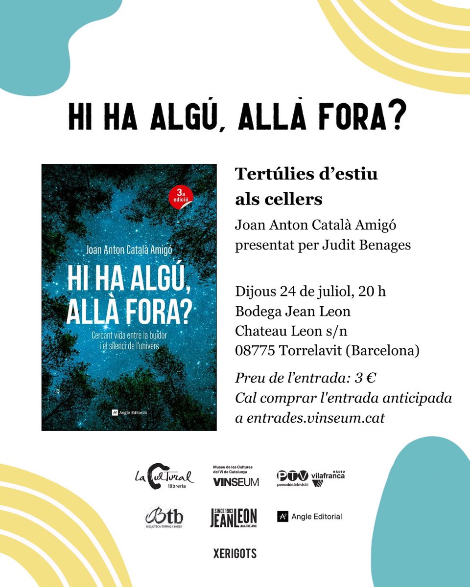 Angle Editorial (@angleeditorial) on Twitter photo Tertúlia d'estiu al celler <a href="/jeanleon1963/">Jean Leon</a> amb <a href="/estelsiplanetes/">Joan Anton Català Amigó</a> i <a href="/juditbenages/">Judit benages</a>, a l'hora que cau el sol i amb motiu del llibre «Hi ha algú, allà fora?». Aquest dijous, no badeu! 💫🍷 Tertúlia d'estiu al celler <a href="/jeanleon1963/">Jean Leon</a> amb <a href="/estelsiplanetes/">Joan Anton Català Amigó</a> i <a href="/juditbenages/">Judit benages</a>, a l'hora que cau el sol i amb motiu del llibre «Hi ha algú, allà fora?». Aquest dijous, no badeu! 💫🍷